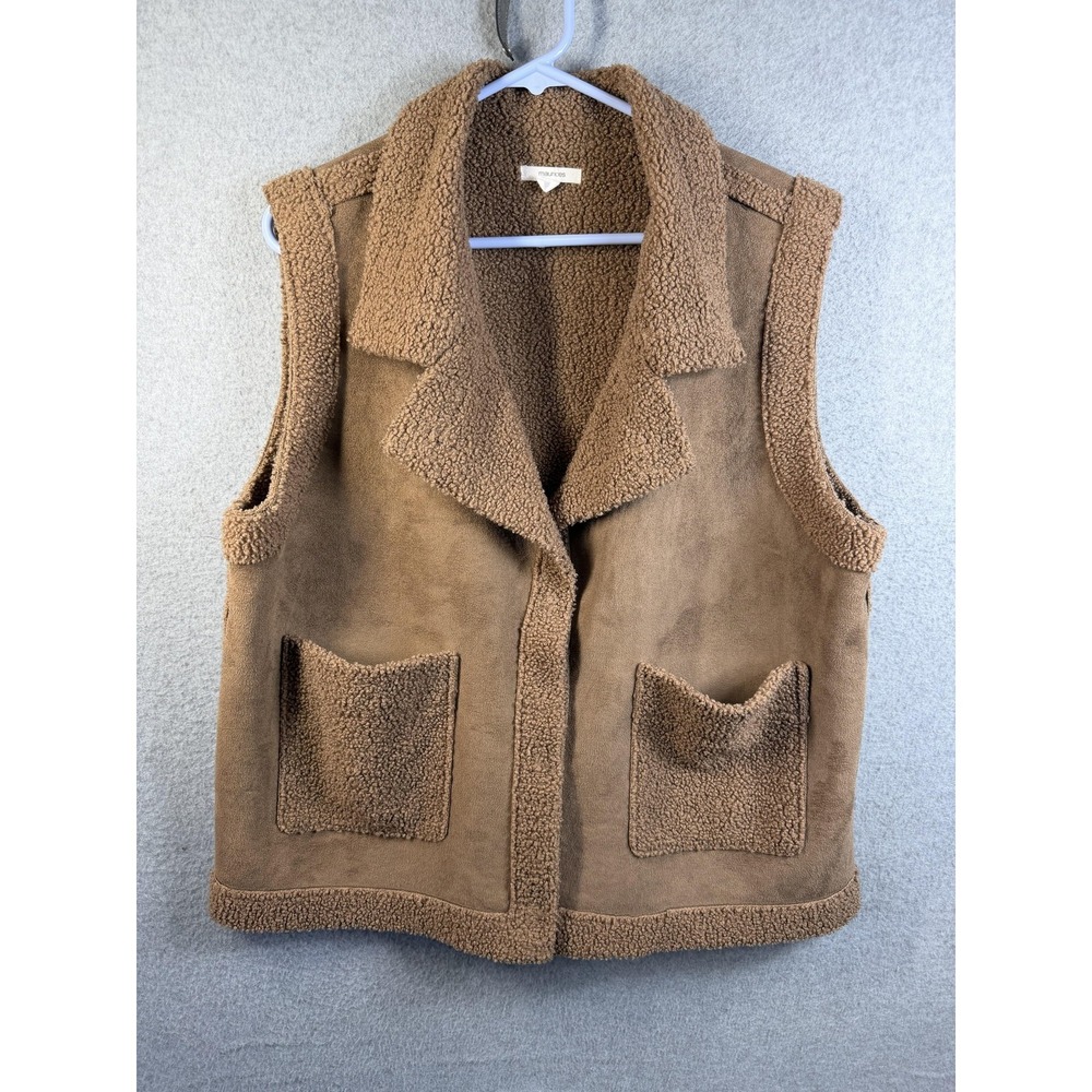 Maurices Vest Womens XL Brown Sherpa Fleece Faux‎ Suede Open Front Pockets